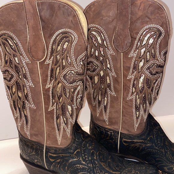Women's Ferrini Western Hand Tooled Brown Leather Cross Wing Cowboy Boots Sz 7.5 - Picture 6 of 15